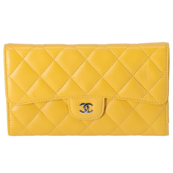 CHANEL Matelasse Trifold Long Wallet Yellow Lambskin Leather